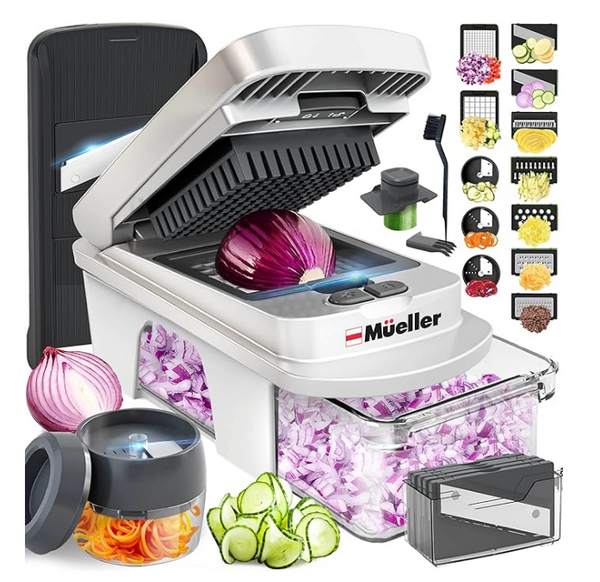 Mueller Pro-Series All-in-One, 12 Blade Mandoline Slicer for Kitchen, Food Chopper, Vegetable Slicer and Spiralizer, Cutter, Dicer, Grater, Kitchen Gadgets Sets with Container, White Sand/Gray